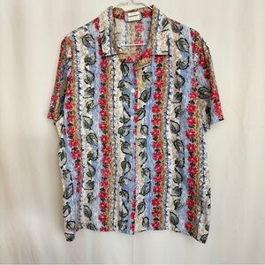 90s Vintage Blair Men's Red Floral Striped Holiday Shirt with Short Sleeves sz L
